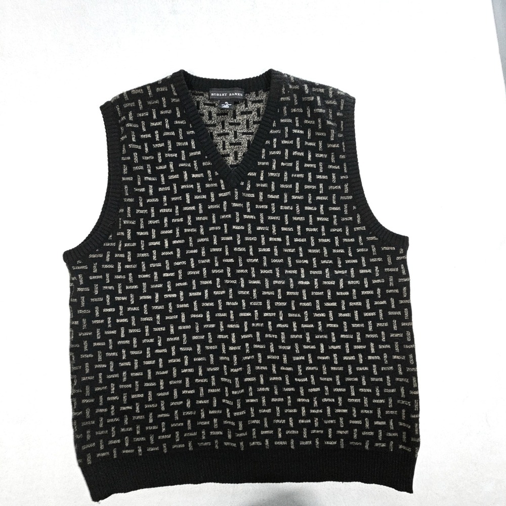 Robert Banks Mens XL Merino Wool Sweater Vest Black Tan Geometric V-Neck Knit